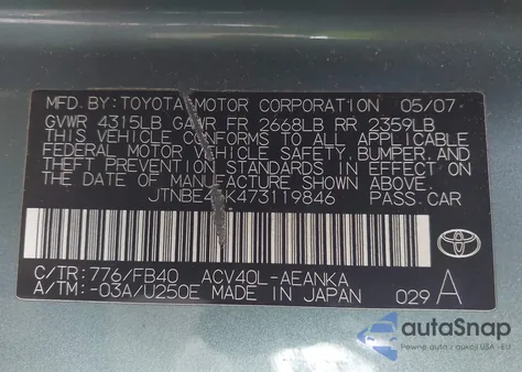 2007 Toyota Camry Le z USA, uszkodzony, nr VIN JTNBE46K473119846